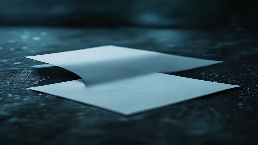 A single sheet of cream paper resting on a dark walnut desk in low directional light