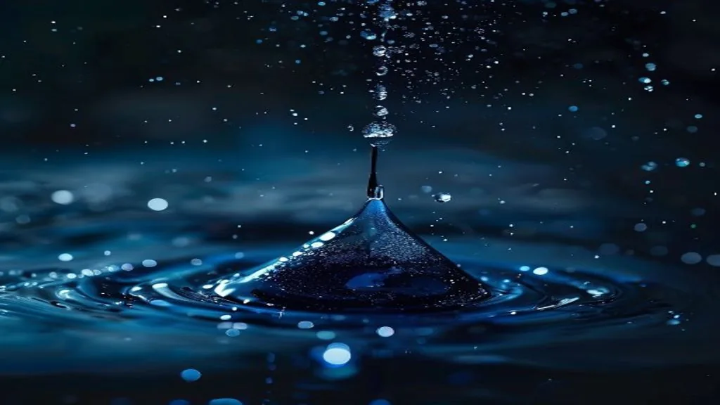 A single drop of dark ink dispersing into clear water against a black background under raking light