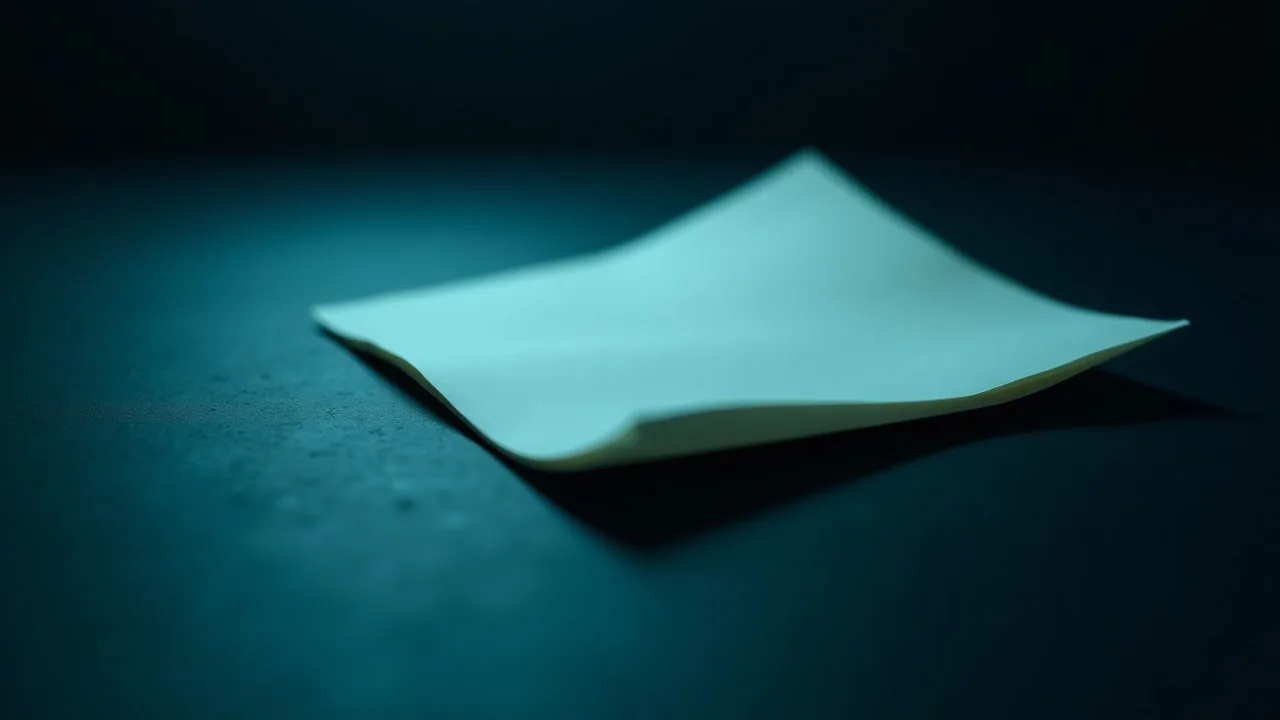 A single sheet of plain cream paper with one crisp fold on a dark slate surface under raking light