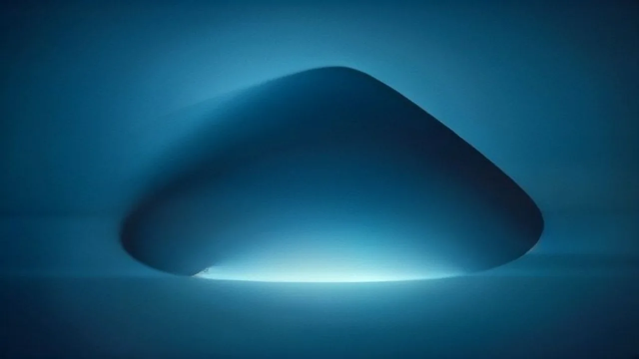 A single smooth curved form backlit against a dark blue background