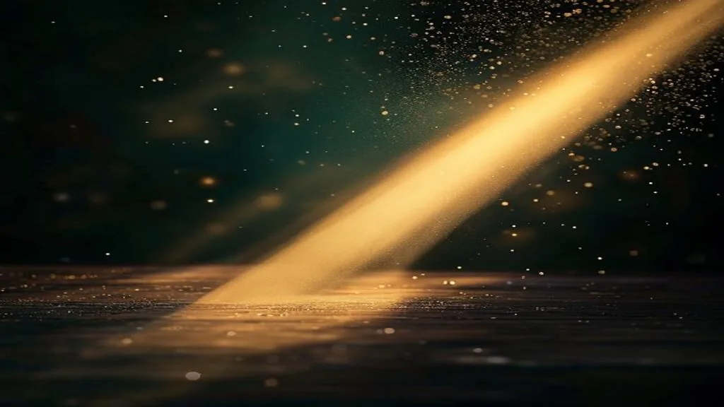 A single beam of golden sunlight cutting through a dark room onto a polished wooden table