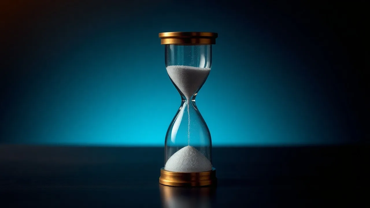 A single brass hourglass on a dark wooden desk with sand mid-fall, soft directional light
