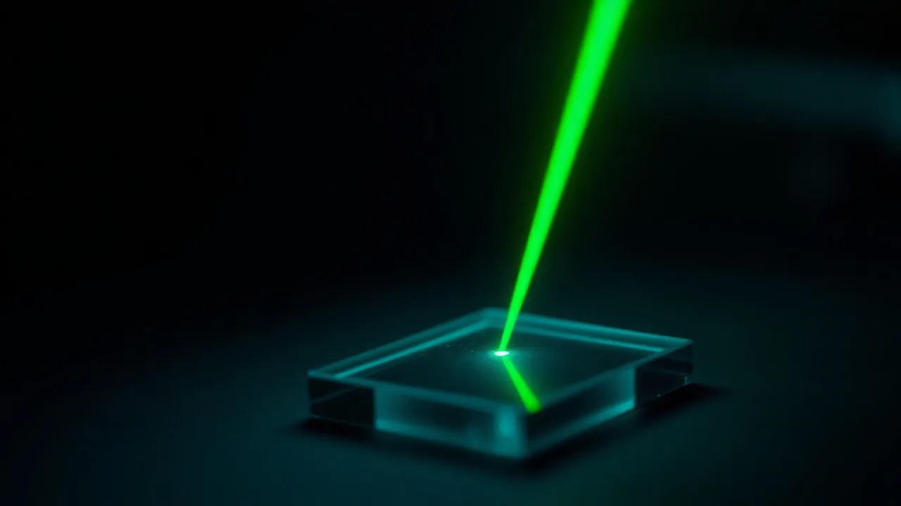 A single beam of green light striking a polished glass slide on a dark matte surface