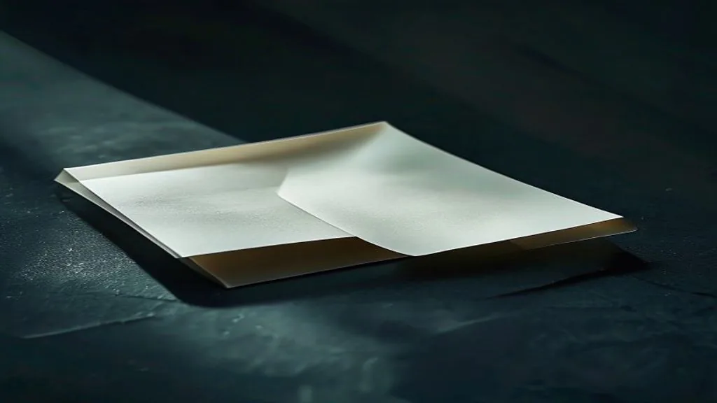 A folded blank cream sheet of paper resting on a dark slate surface under raking light