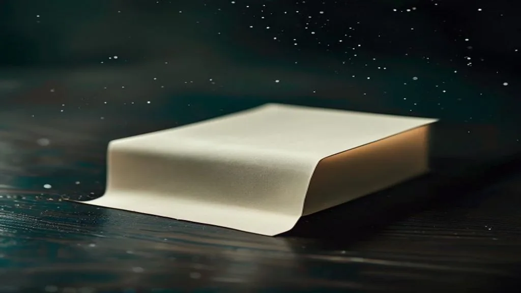 A single sheet of unmarked paper resting on a dark wooden desk under directional light