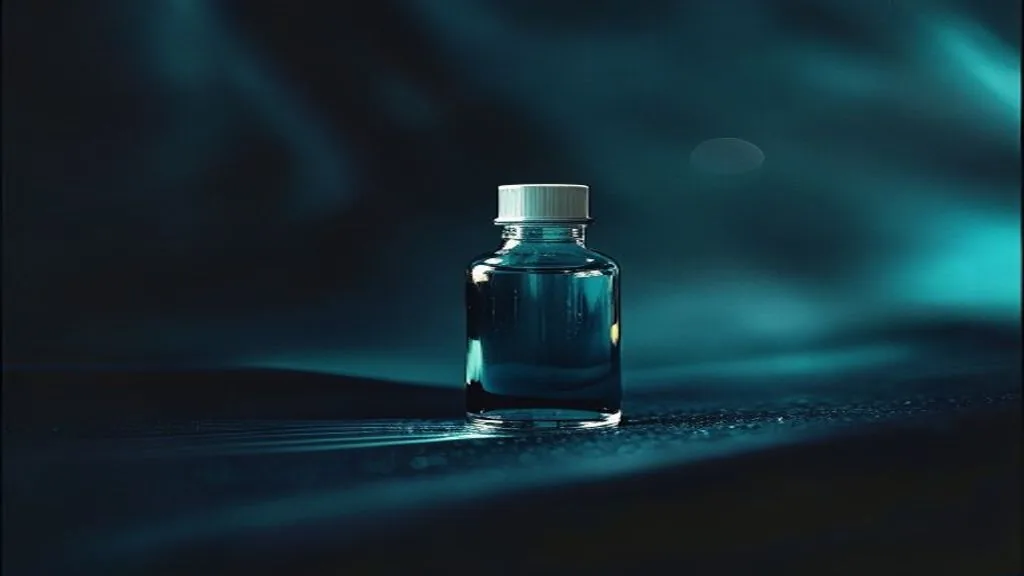 A single empty glass vial standing on a dark surface under sharp directional sidelight